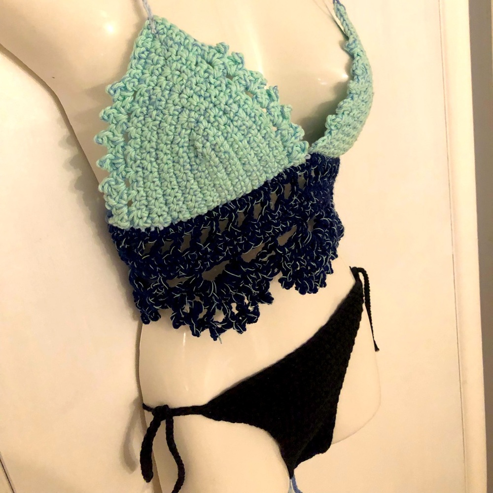 Handmade crochet crop top and bikini bottoms set.